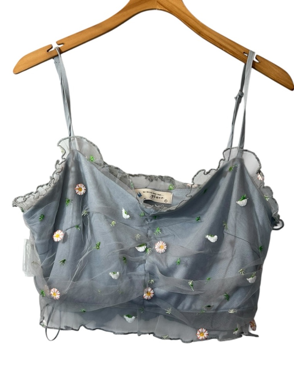Ruffle Mesh Embroidered Floral Crop Top Size L Dusty Blue Whimsy Fairy Boutique